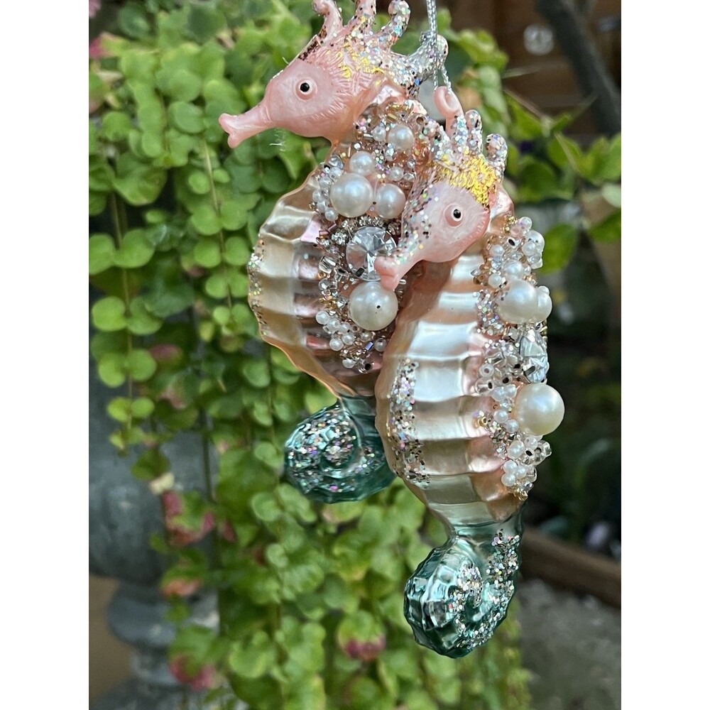 Robert Stanley Jeweled Glass Seahorse Christmas Ornaments Coastal Set of 2
